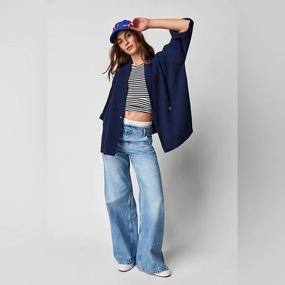 Free People Lou Blazer Shirt Navy - Picture 2 of 8